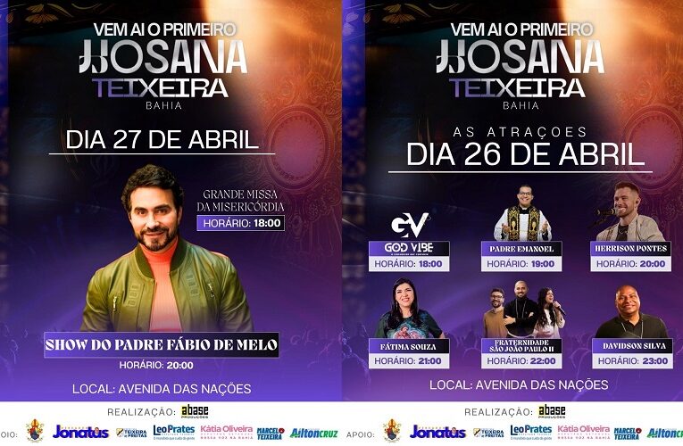1° Hosana Teixeira: Padre Fábio de Melo marcará presença em evento prometido por Jonatas Santos.